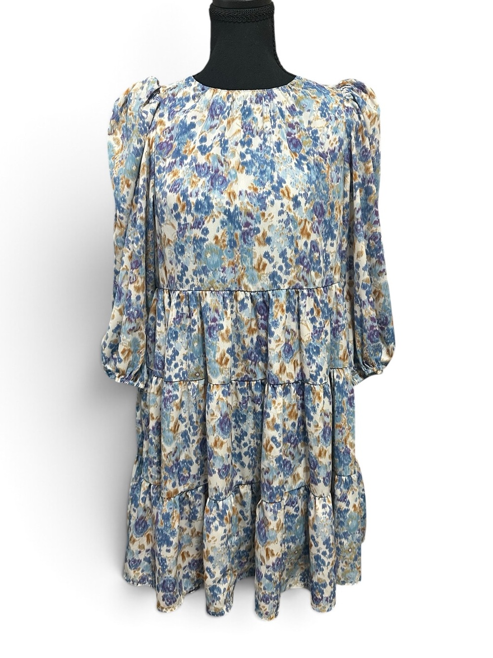 TCEC Blue and Yellow Floral Tiered Long-Sleeve Dress